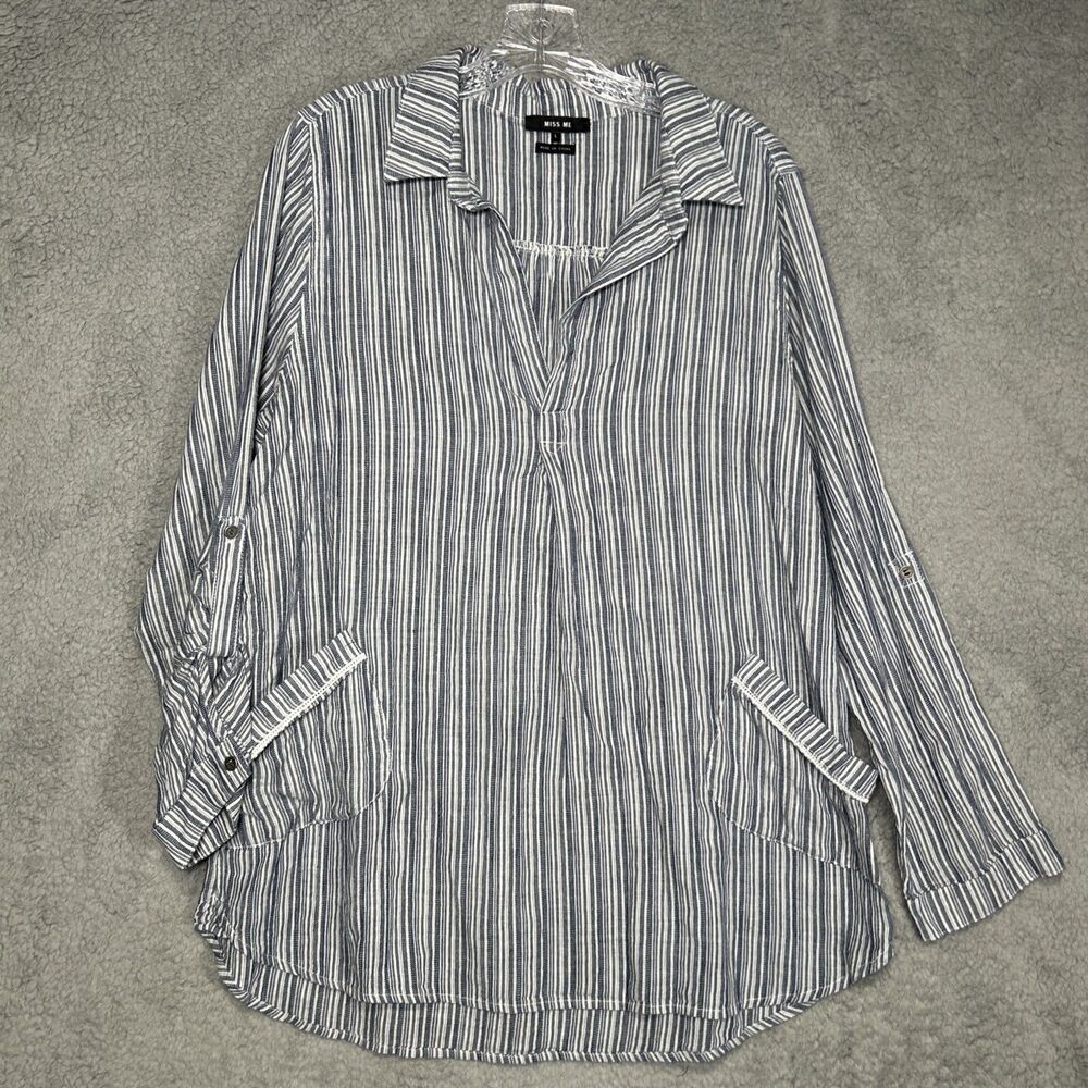 Miss Me Women’s L Blue Striped Tunic with Roll Tab Sleeves and Pockets Lagenlook